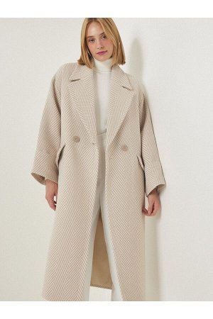 Женское бежевое длинное шерстяное пальто премиум-класса с двубортным воротником и узором fn03095