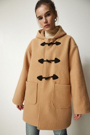 Женское пальто из букле с капюшоном цвета бисквитной овчарки TO00117