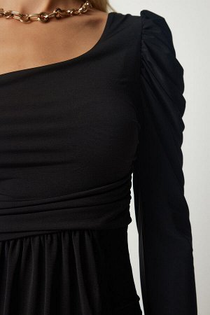 Женское черное драпированное платье песочного цвета на одно плечо YK00072