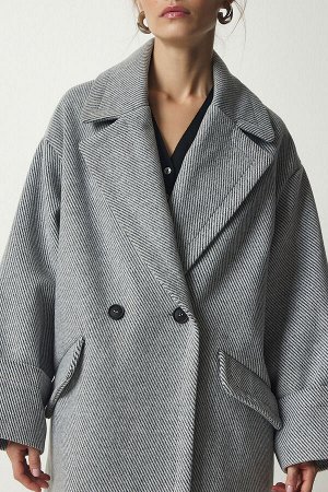 Женское серое длинное шерстяное пальто премиум-класса с двубортным воротником и рисунком fn03095