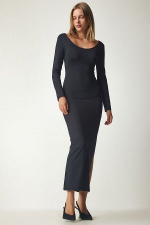 Женское черное платье песочного цвета с разрезом и U-образным вырезом UB00199