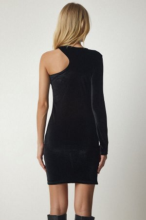 Женское черное бархатное мини-платье на одно плечо UB00189