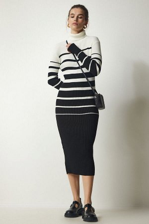 Женское вельветовое трикотажное платье цвета экрю черного цвета с воротником в полоску DD01264