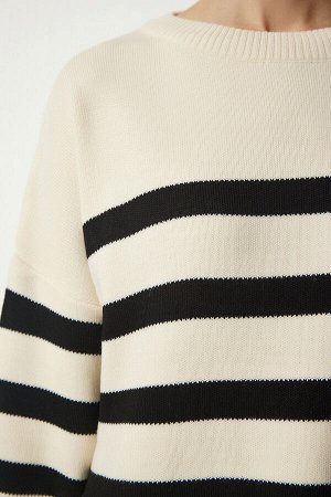 Женский вязаный свитер оверсайз в костяную черную полоску YY00182