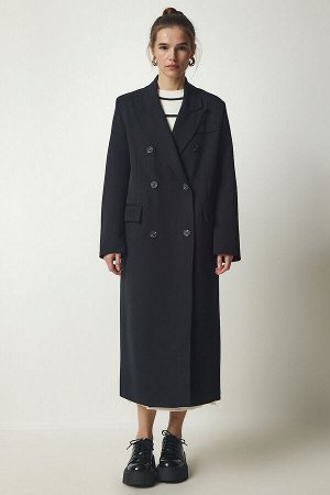 Женское черное двубортное длинное пальто с воротником и разрезом FN03111