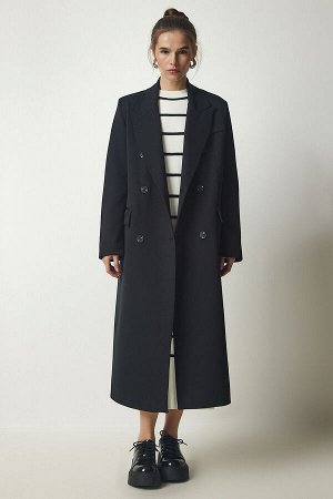 happinessistanbul Женское черное двубортное длинное пальто с воротником и разрезом FN03111
