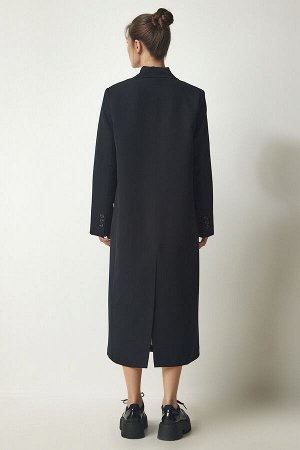 Женское черное двубортное длинное пальто с воротником и разрезом FN03111