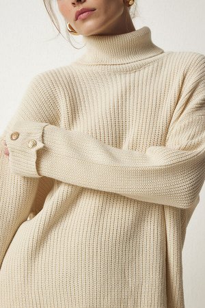 Женский кремовый свитер с водолазкой и пуговицами оверсайз из трикотажа YY00183