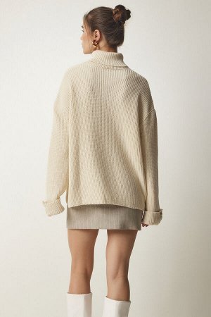 Женский кремовый свитер с водолазкой и пуговицами оверсайз из трикотажа YY00183