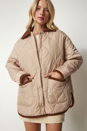 Женское кремовое стеганое пальто с воротником-поло и карманами DZ00096