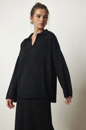 Женский черный стильный трикотаж с воротником-поло, свитер и юбка, костюм YY00186