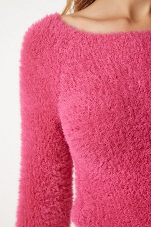 Женский трикотажный свитер цвета фуксии с вырезом «лодочка» и бородой NF00070