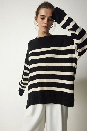 Женский черный вязаный свитер в полоску в костяную полоску YY00182