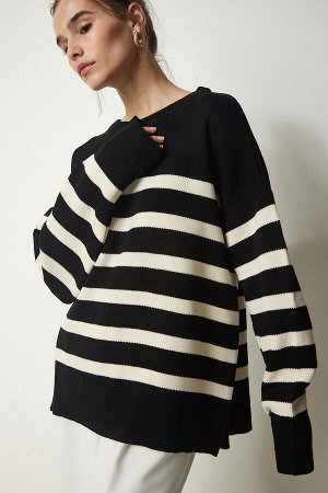 Женский черный вязаный свитер в полоску в костяную полоску YY00182