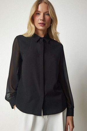 Женская черная элегантная рубашка с шифоновыми рукавами TO00088