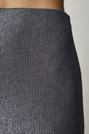 happinessistanbul Женская серая блестящая укороченная юбка на шнуровке MC00243