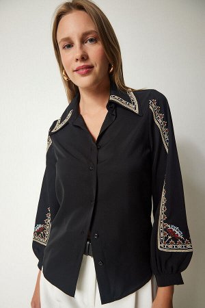 Женская черная стильная рубашка с объемными рукавами и вышивкой DX00013