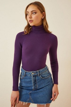 Женский вельветовый свитер из лайкры сливового цвета с высоким воротником DD01007
