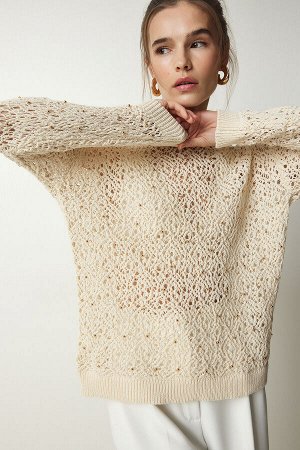 Женский кремовый стильный ажурный вязаный свитер с жемчугом PF00025