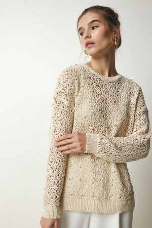 Женский кремовый стильный ажурный вязаный свитер с жемчугом PF00025