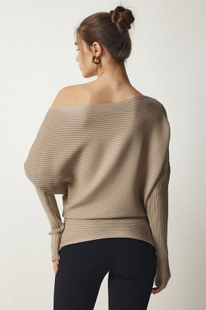 Женский норковый свитер в рубчик с асимметричным воротником FN03138