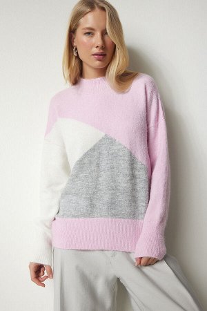 Женский трикотажный свитер розового цвета экрю с воротником-стойкой MX00148