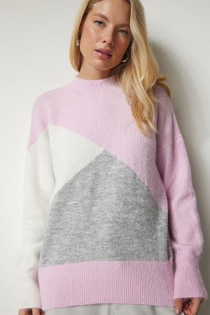 Женский трикотажный свитер розового цвета экрю с воротником-стойкой MX00148