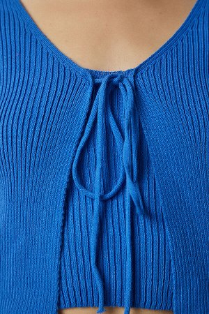 Женский синий вязаный укороченный кардиган на шнуровке MT00143