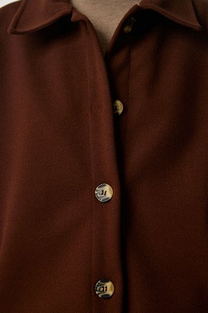 happinessistanbul Женская коричневая куртка-рубашка оверсайз с карманами и пуговицами DD01263