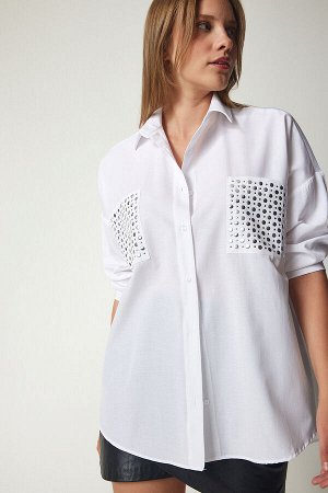 Женская белая тканая рубашка оверсайз с металлическими карманами MW00130