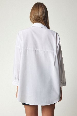 Женская белая тканая рубашка оверсайз с металлическими карманами MW00130