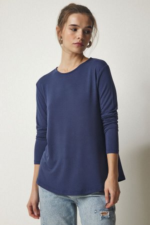 happinessistanbul Женская темно-синяя трикотажная блузка с круглым вырезом HK00030