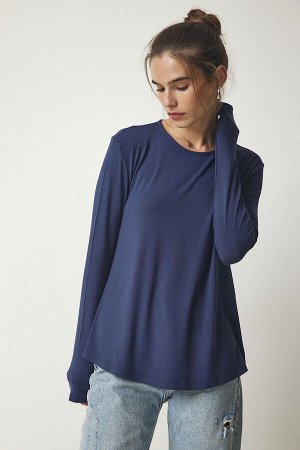 Женская темно-синяя трикотажная блузка с круглым вырезом HK00030