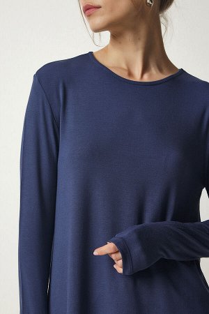 happinessistanbul Женская темно-синяя трикотажная блузка с круглым вырезом HK00030