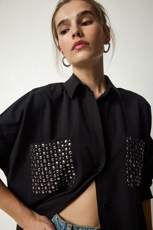 Женская черная тканая рубашка оверсайз с металлическими карманами MW00130