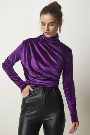 Женская стильная бархатная блузка со сборным воротником фиолетового цвета FF00144