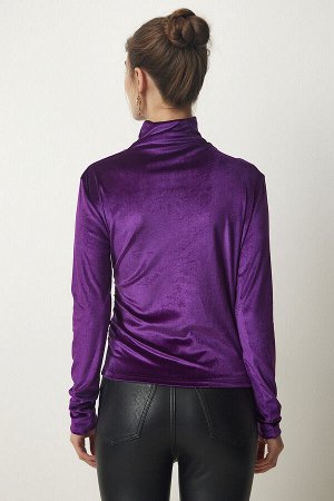Женская стильная бархатная блузка со сборным воротником фиолетового цвета FF00144