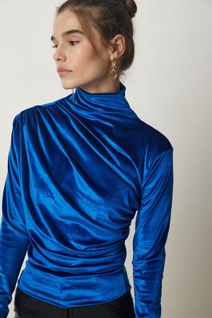 Женская стильная бархатная блузка со сборным воротником синего цвета FF00144