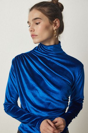 Женская стильная бархатная блузка со сборным воротником синего цвета FF00144