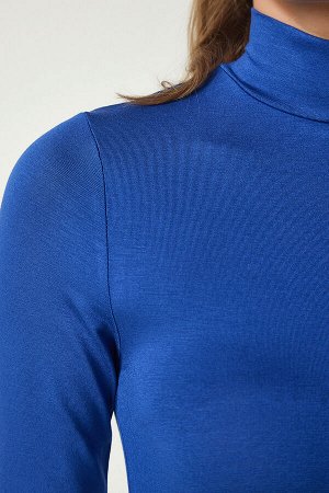 Женская синяя эластичная трикотажная блузка Saran с высоким воротником UB00200