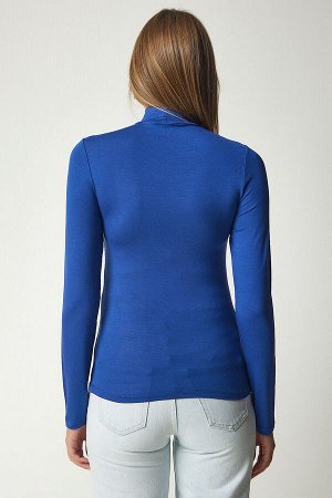 Женская синяя эластичная трикотажная блузка Saran с высоким воротником UB00200