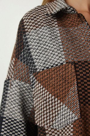 Женская коричневая рубашка оверсайз из кашемира цвета экрю с узором TU00034