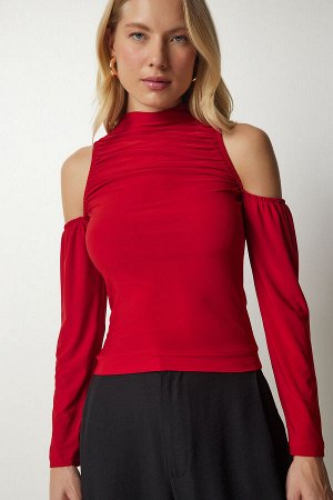 Женская красная трикотажная блузка с открытыми плечами TO00107