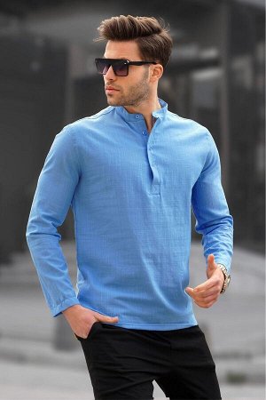 Синяя льняная мужская рубашка стандартного кроя 5586