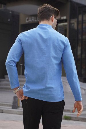 Синяя льняная мужская рубашка стандартного кроя 5586