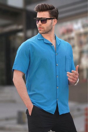 Синяя базовая мужская рубашка с коротким рукавом 5598