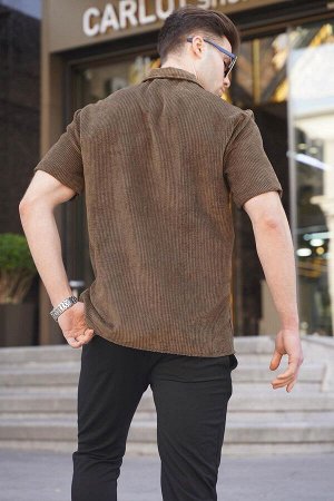 Мужская рубашка цвета хаки в рубчик с коротким рукавом 5594