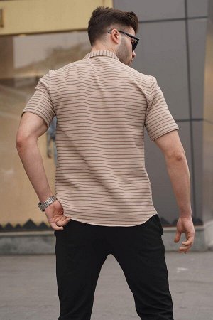 Мужская рубашка Slim Fit в светло-коричневую полоску с коротким рукавом 5591
