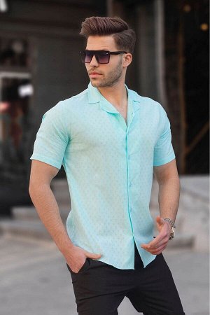 Бирюзовая приталенная мужская рубашка с коротким рукавом из 100% хлопка 5585