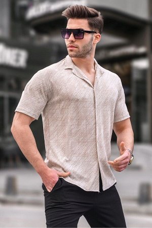 Мужская бежевая рубашка классического воротника с коротким рукавом стандартного кроя 5583
